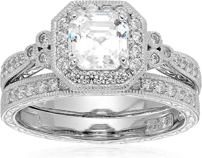 Platinum or Gold Plated Sterling Silver Antique Ring Set with Asscher-Cut Infinite Elements Cubic Zirconia (Previously Amazon Collection)
