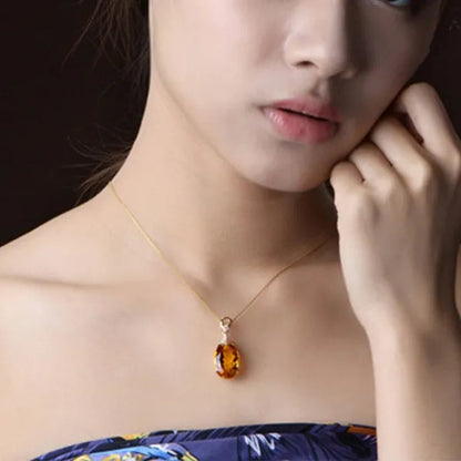 Simple Copper Plated 18k Golden  Citrine Water Drop Pendant Necklace Oval Claw Set Ear Hook Earrings Open-End Ring Flower Petal Inlaid Zircon Bracelets Jewelry Set for Elegant Women