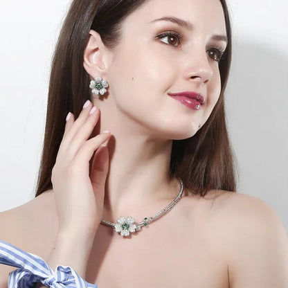 CANDICE Romantic 3D Flower Design Full Micro Pave Tiny CZ and Yellow 18K White Gold Plated Choker Necklace Earrings Set for Women Stylish Prom Party Jewelry