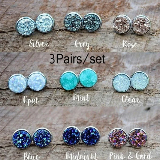 3pairs Vintage Stainless Natural Gemstones Opal Druzy Stud Earring Set 925 Sterling Silver Hypoallergenic Engagement Wedding Studs Earrings Bridesmaid Jewelry Gifts