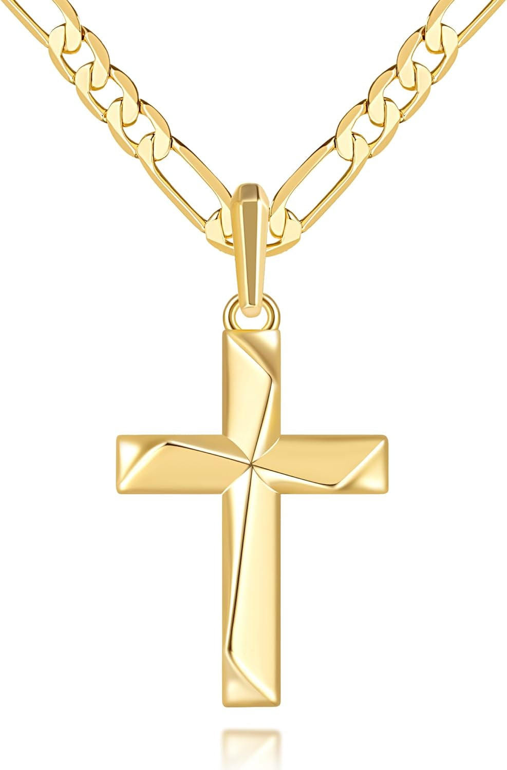 Cross Necklace 14K Gold Cross Necklace for Men Gold Crosses Chain for Men Irregular Cutting Lines with Figaro Chain Mens Crosses Pendant 20/22/24In