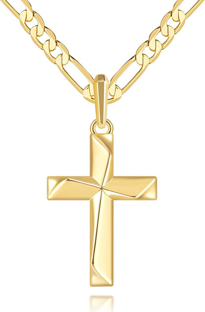 Cross Necklace 14K Gold Cross Necklace for Men Gold Crosses Chain for Men Irregular Cutting Lines with Figaro Chain Mens Crosses Pendant 20/22/24In