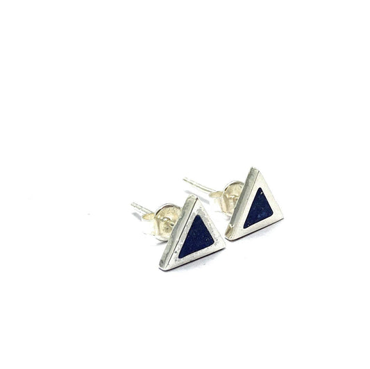 Triangle Lapis Lazuli Mosaic Micro Mosaic Sterling Silver Stud Earrings, Semi Precious Gemstone by Hstudio