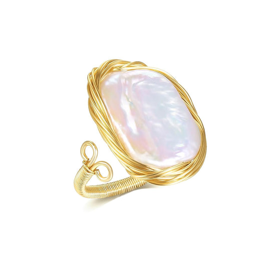 Pearl Ring for Women - 12X15Mm Baroque Pearl - Natural Freshwater Pearl - Handmade Pearl Jewelry Anniversary Gifts for Her, Adjustable Pearl Ring Band for Women（14K Gold Plated) 1