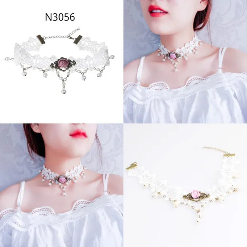 White Lace Necklace Chokers Black Collares Vintage Style Female Gothic Wedding Red Rose Crystal Diamond Pendant Collarbone Necklaces Chain Accessories for Women Girls