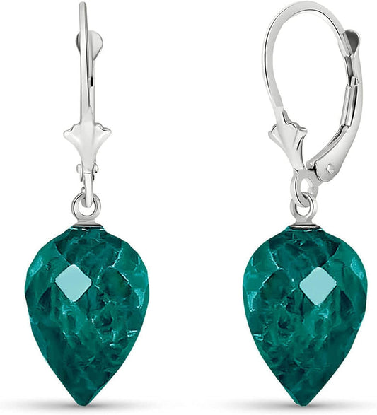 14K Solid Gold Leverback Earrings with Drop Briolette Green Sapphire Emerald Looking