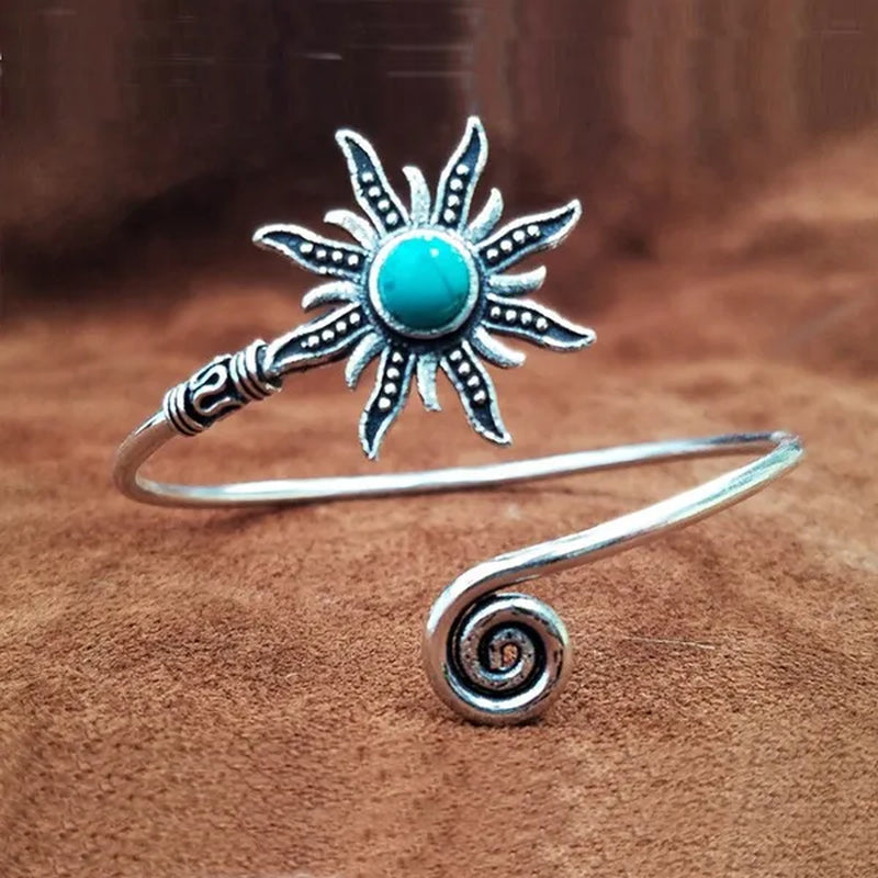1 Pc Bohemian Turquoise Sunflower Bracelets Creative Sun Pattern Opening Bangle For Women Vintage Party Jewelry