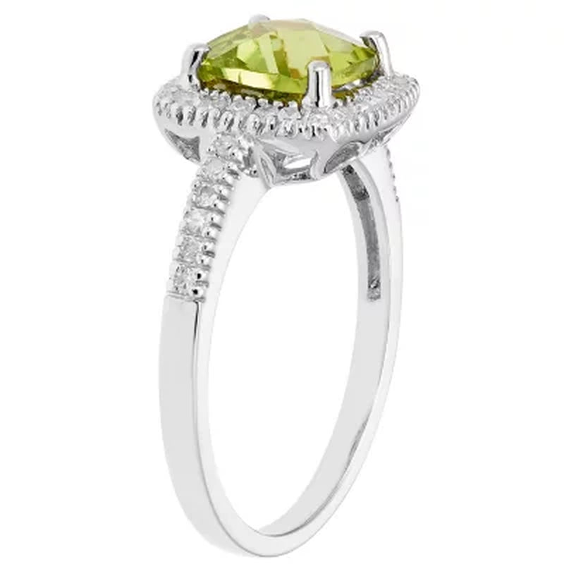 Cushion-Cut Peridot and Diamond Ring in 14K White Gold