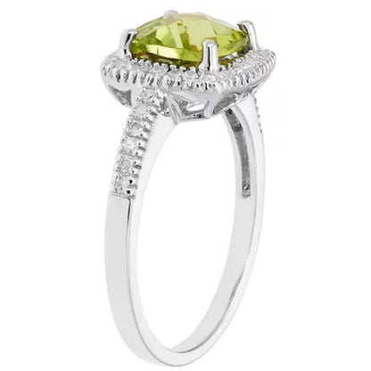 Cushion-Cut Peridot and Diamond Ring in 14K White Gold