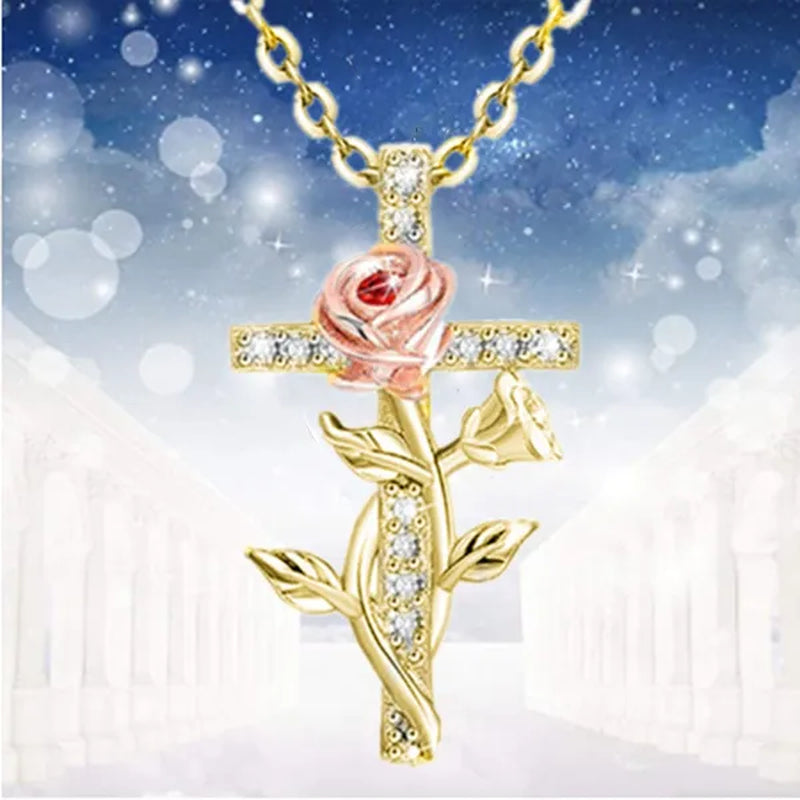 Elegant Fashion Creative Cross Rose Necklace Natural Crystal Cross Diamond Necklace Religious Cross Flower Pendant Women'S Necklace Wedding Pendant Birthday Party Anniversary Gift