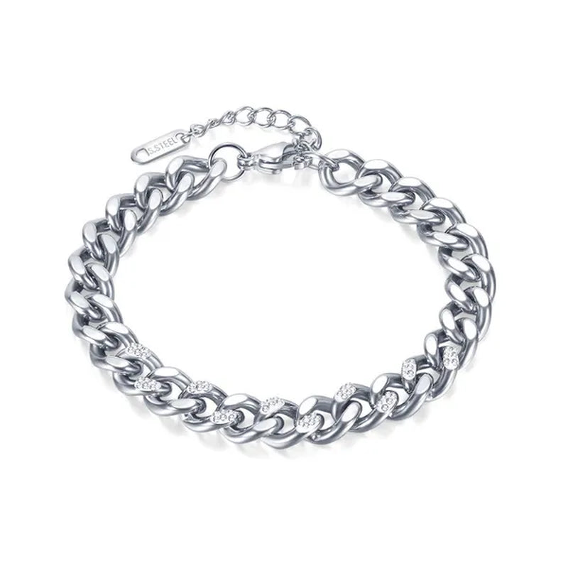 8.5Mm Wide Adjustable Curb Link Chain Bracelet Inlay Delicate Cubic Zirconia CZ Stone for Women Girls Titanium Steel Chunky Cuban Curb Chain Bracelets Bangle Lady Jewelry Silver / Gold