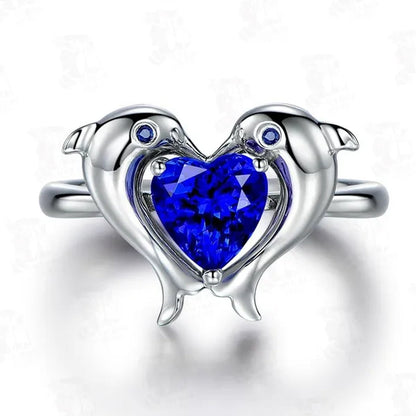 Fashion Women Ring Female Diamond Sapphire Crystal Dolphin Heart Shape Wedding Jewelry 925 Sterling Silver Wild Couple Ring