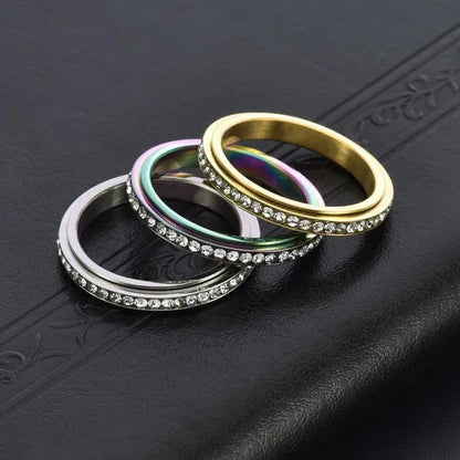 3mm Wide Titanium Steel Exquisite Thin Spinner Ring Inlay Single Row Rhinestones for Women Men Luxury Fashion Fine Stackable CZ Rings Engagement & Wedding Band Silver / Black / Gold / Multicolor / Rose Gold US Size 5-12