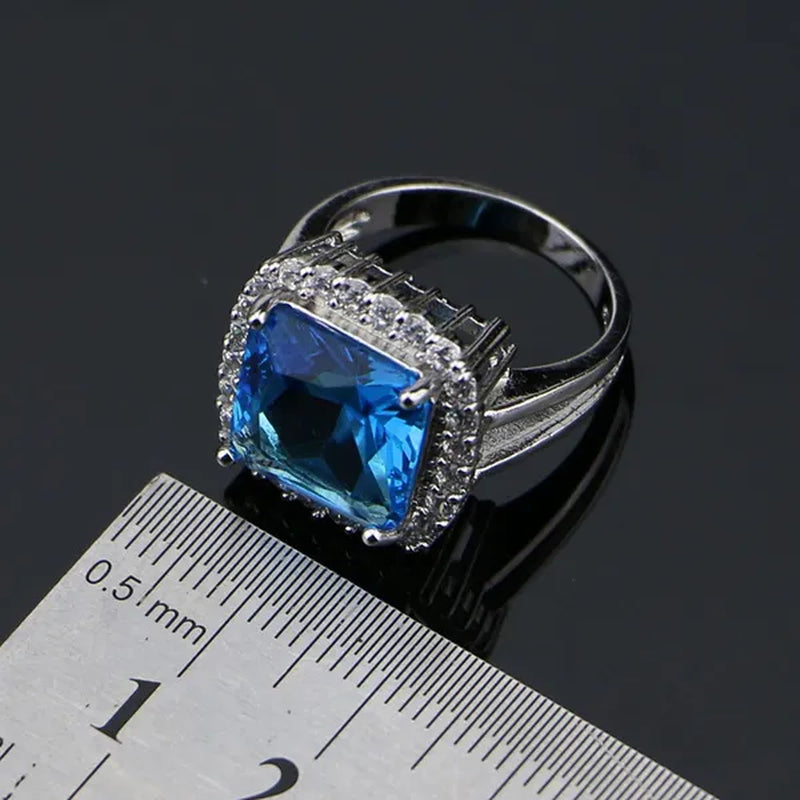 Sky Blue Sapphire White Topaz 925 Silver Jewelry Sets Earrings Pendant Necklace Ring Bracelet for Women Wedding