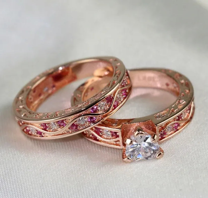 Two Rings Couple Rings Titanium Steel Band 10kt Rose Gold Filled Cocktail Heart Zircon Ruby Women's Wedding Ring Sets