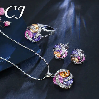CANDICE Korean Fashion Sterling Silver Plated Women Elegant Pendant Necklace Earrings and Ring Sets Inlay Pure AAA Cubic Zirconia Knot Jewelry Set for Lady（US 6-9)