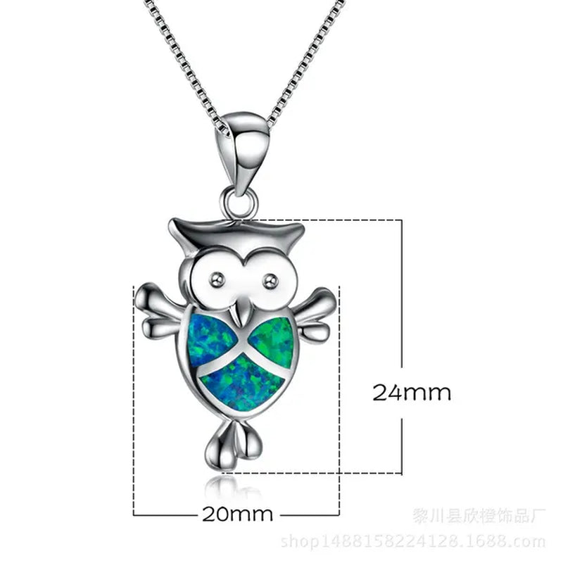 Elegant Lovely Owl White Blue Fire Opal Pendant Necklace Women 925 Sterling Silver Jewelry Gifts