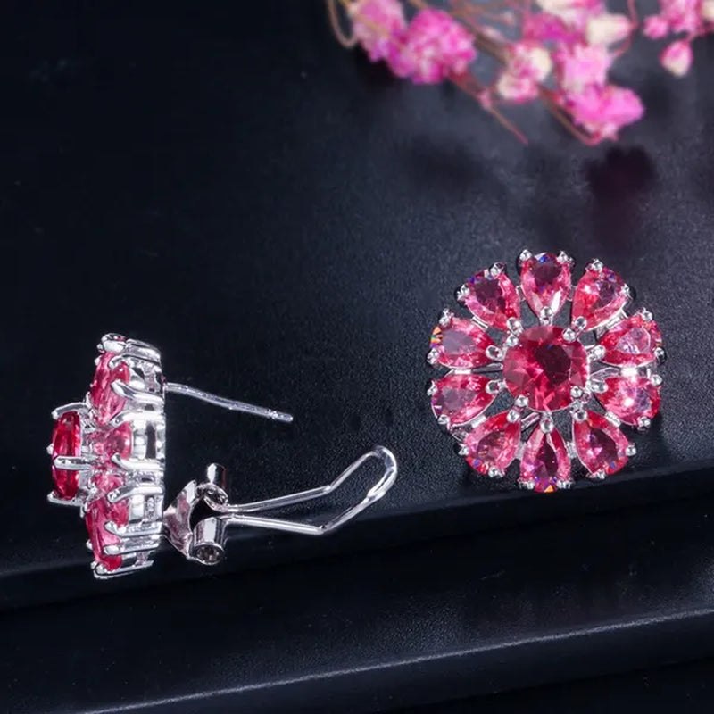 Gloriya Shining Purple Stone Sun Flower Pendant Necklace Earrings Ring Set For Women Newest Silver Color Jewelry