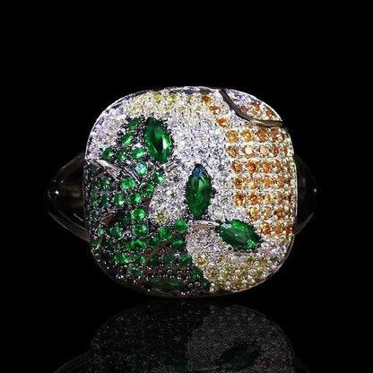 New Unique Black Gold Women's Ring Color Full Zircon Ring Jewelry 925 Silver Women's Ring Exaggerated Plant Ring