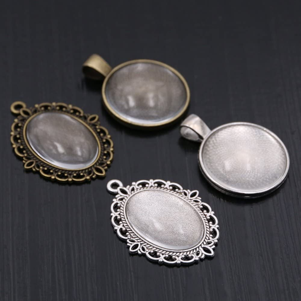 64-Pieces Pendant Set, 16Pcs Oval Pendant Trays and 16Pcs round Bezels with 32Pcs Glass Cabochon round Clear Dome Tiles for Crafting DIY Jewelry Making