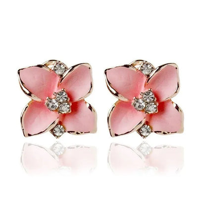 18K Gold Plated White Crystal Colorful Enamel Leaves Flower Omega Back Earrings Stud Earrings for Women Ladies Girls Jewelry