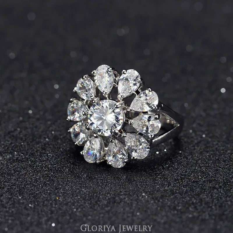 Gloriya Natural Mystic Purple Crystal Ring Cocktail Party Engagement Wedding Ring Silver Plated Jewelry Big Flower Fine Jewelry Women Ring Classic