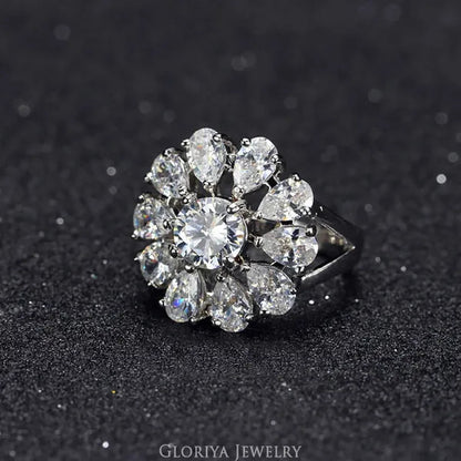 Gloriya Natural Mystic Purple Crystal Ring Cocktail Party Engagement Wedding Ring Silver Plated Jewelry Big Flower Fine Jewelry Women Ring Classic