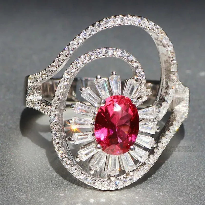 Gorgeous  Silver Natural Gemstones Ruby Wedding Birthstone Bride Engagement Multilevel Oval Leaf Ring Jewelry Size 6 7 8 9 10