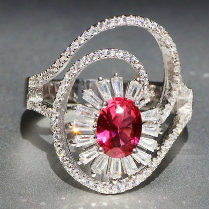 Gorgeous  Silver Natural Gemstones Ruby Wedding Birthstone Bride Engagement Multilevel Oval Leaf Ring Jewelry Size 6 7 8 9 10