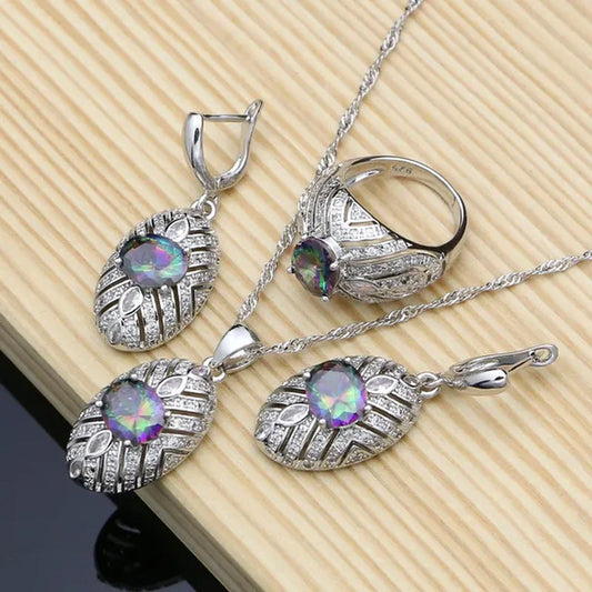 Mystic Rainbow Fire Topaz Jewelry Sets Women 925 Sterling Silver Jewelry Earrings/Pendant/Necklace/Rings/Bracelet