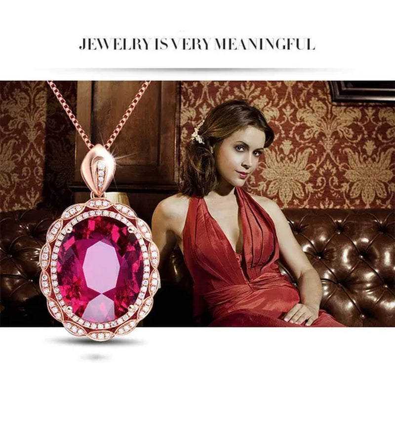 Rose Gold Big Oval Red Crystal Ruby Gemstones Diamonds Pendant Necklaces for Women Vintage Jewelry Choker Chain Bijoux Gifts