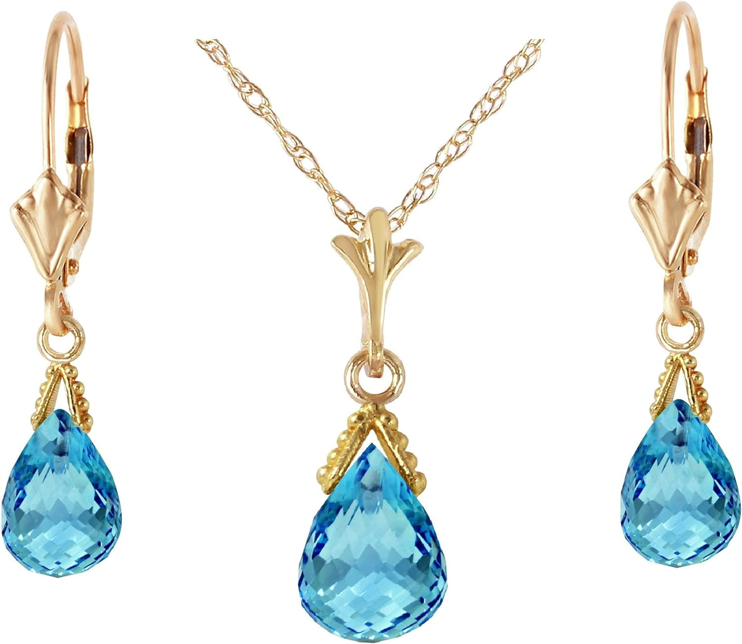 14K Solid Gold Jewelry Set: Natural Briolette Blue Topaz Pendant Necklace and Dangle Earrings