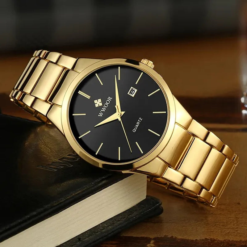 relojes hombre 2020 WWOOR Gold Watch Men Luxury Mens Quartz Wristwatch Business Watch Stainless Steel Waterproof Auto Date Clock with gift box