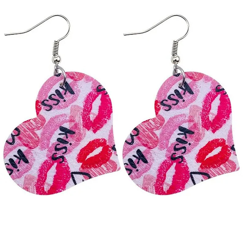 Europe and America 2021 New Valentine'S Day Leather Heart-Shaped Love Red Lips Double-Sided Printing PU Earrings