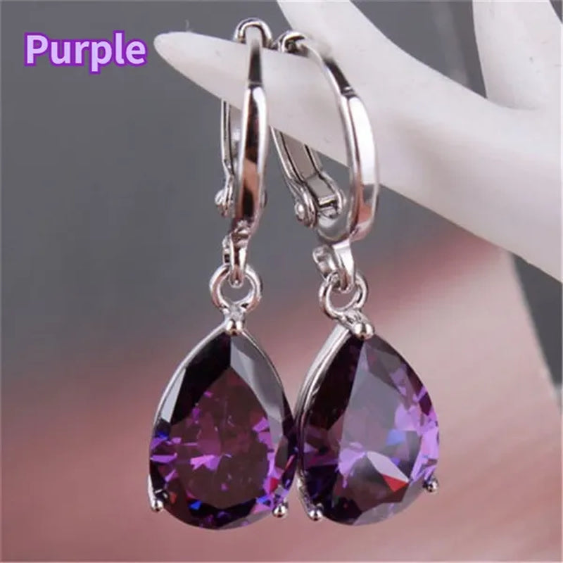 Women Silver Plated Pink Blue Cubic Zirconia Earrings Water Drop Pendant Earrings Bride Wedding Engagement Anniversary Gift Jewelry