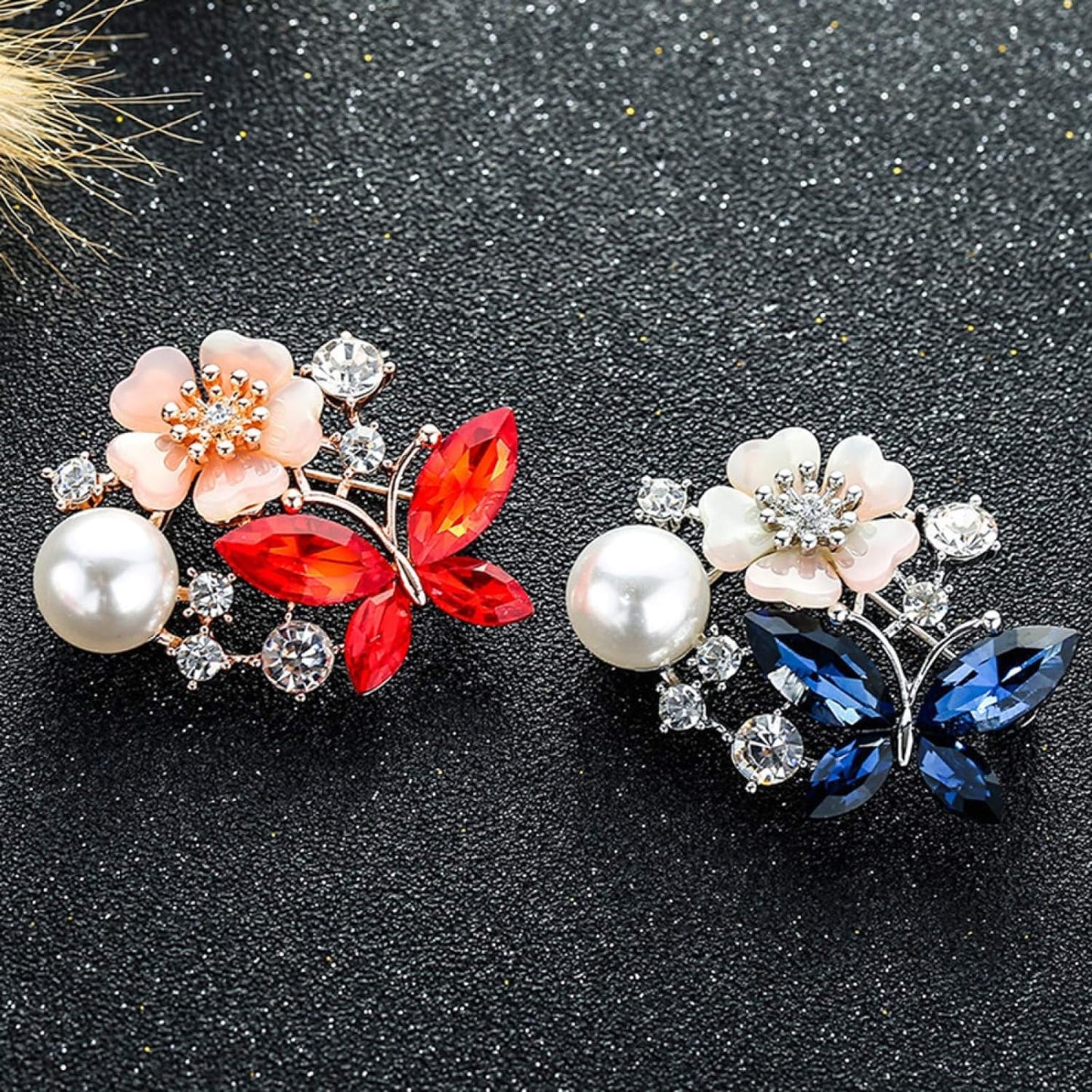 Women Faux Quartz Butterfly Flower Imitation Pearl Brooch Pin Lapel Clip Decoration Festival Birthday Gift- Rose Gold Festival Birthday Gift- Red