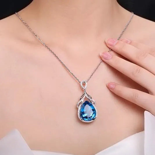 Jewelry Fashion 925 Sterling Silver Diamond Water Drop Aquamarine Pendant Necklace Ornament