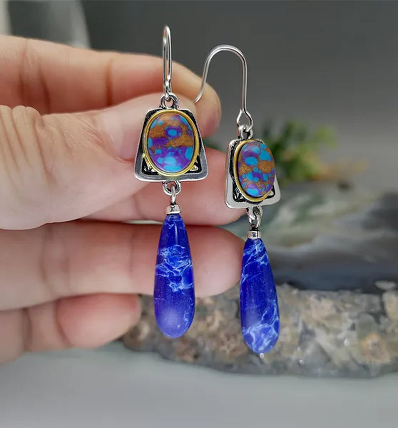 New Boho Style Natural Lapis Lazuli Gemstone Hook Earrings Women Wedding Engagement Earrings