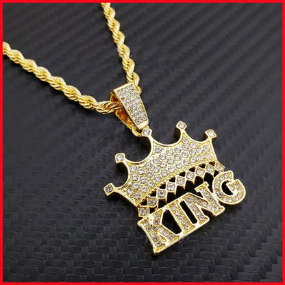 Hip Hop Iced Lab Diamond CROWNED KING Pendant & 4Mm 24" Rope Chain Necklace