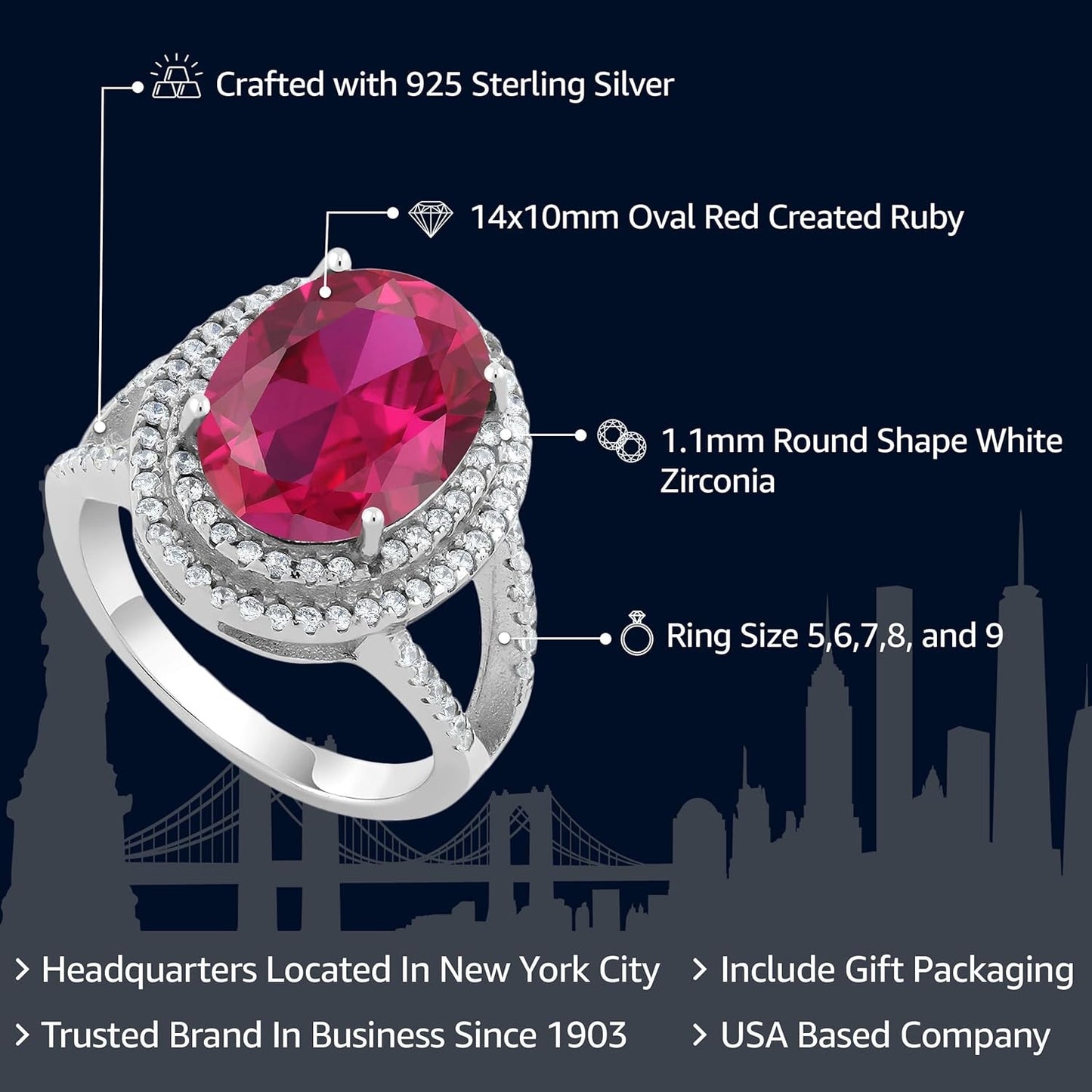 5-10 Cttw Gemstone Birthstone Ring for Women | 925 Sterling Silver | Oval 14X10MM | Wedding Engagement Anniversary Promise Ring for Women | Available in Size 5, 6, 7, 8, 9