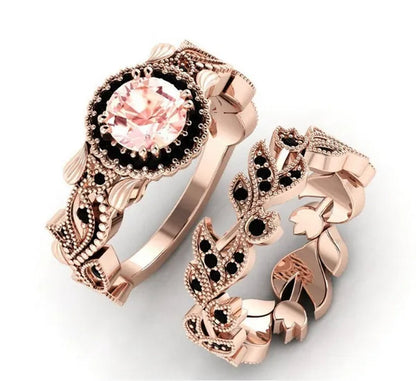 2 Pieces/set of Fashionable and Elegant Flower Vine Ladies Luxury Jewelry  Rose Gold Black Sapphire Diamond Wedding Ring Princess Proposal Anniversary Gift Size 4-11 Bague Femme