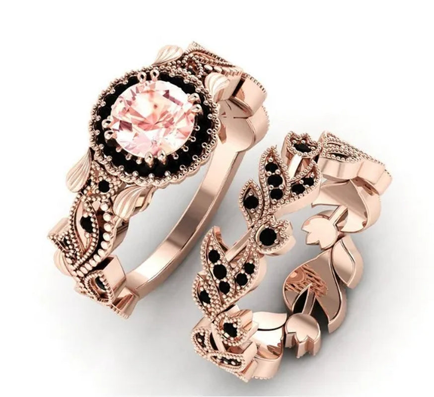 2 Pieces/Set of Fashionable and Elegant Flower Vine Ladies Luxury Jewelry Rose Gold Black Sapphire Diamond Wedding Ring Princess Proposal Anniversary Gift Size 4-11 Bague Femme