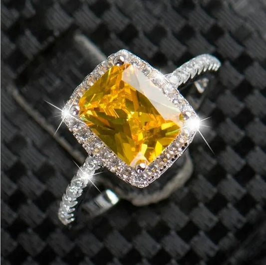 New Quality wholesale 100% Real Pure 925 Sterling Silver 3ct Yellow Topaz Square CZ Diamond rings Elegant Women Engagement Wedding Rings