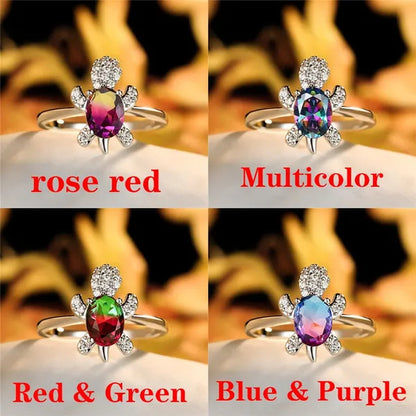 Rainbow Stone Turtle Rings Cute Animal Sea Turtle Ring White Sapphire Diamond Ring Ocean Style Turtle Aquamarine Crystals Rings for Women and Men Birthday Party Anniversary Gift Wedding Engagement Ring Jewelry 14 Colors Size 5-11