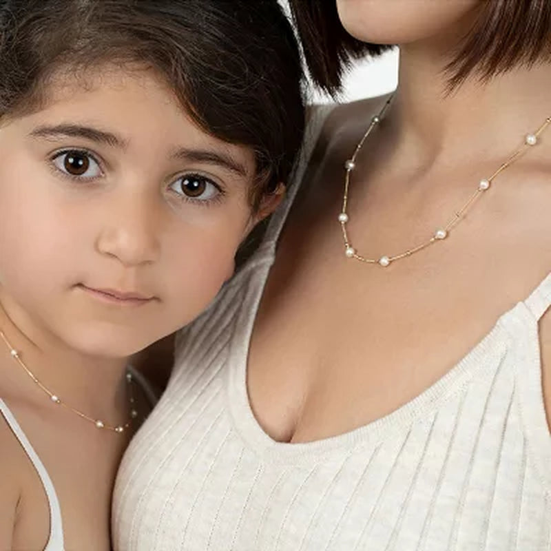 14K Freshwater Cultured Pearl and High Polish Bead Necklace, 18"