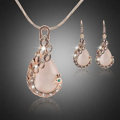 Fine Jewelry sets 2017 New Fashion KC rose Gold Filled opal Crystal Peacock Necklace Earring Wedding jewellery Set for women