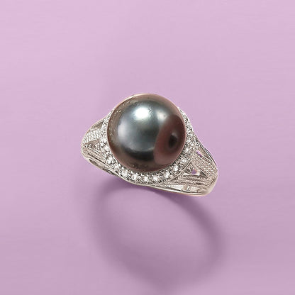 11-12Mm Black Cultured Tahitian Pearl Ring with .20 Ct. T.W. White Topaz in Sterling Silver