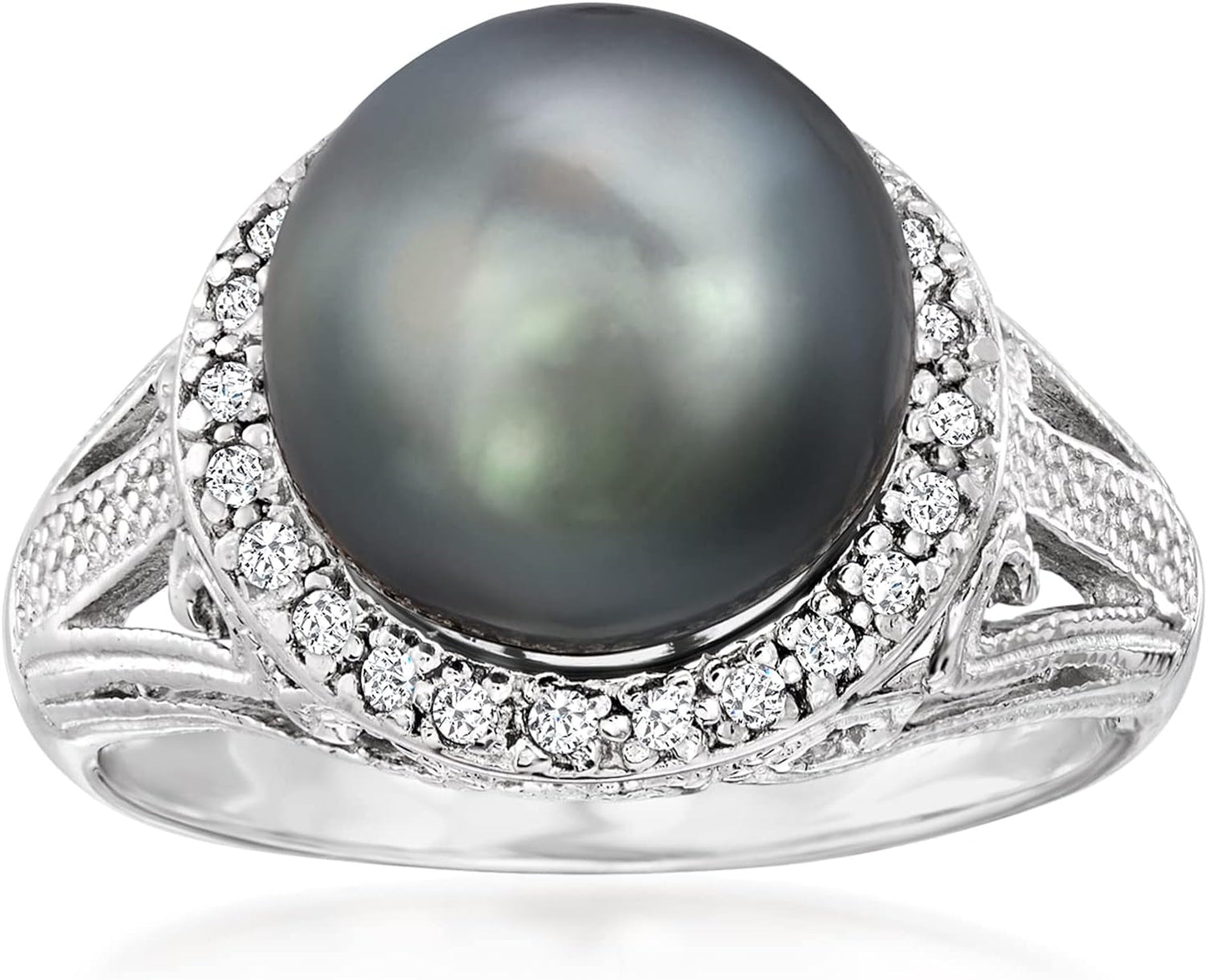 11-12Mm Black Cultured Tahitian Pearl Ring with .20 Ct. T.W. White Topaz in Sterling Silver
