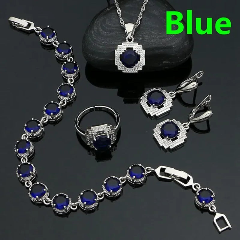 925 Sterling Silver Jewelry Set for Women Natural Green Cubic Zirconia Adjustable Ring Earrings Pendant Chain Bracelet 4PCS