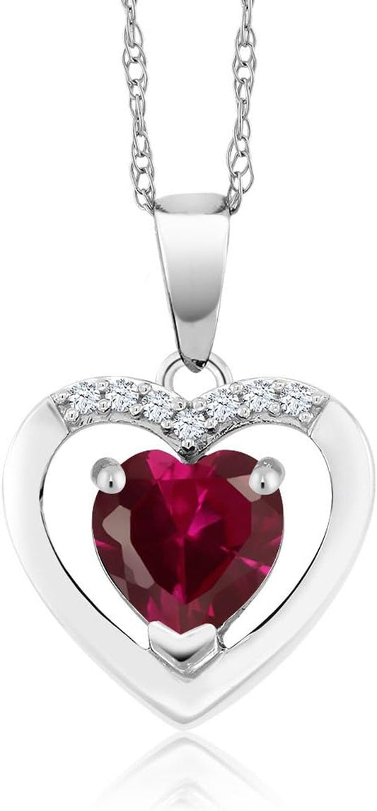 10K White Gold 6MM Heart Shape Gemstone Birthstone and White Diamond Pendant Necklace | Gold Necklace for Women | with 18 Inch Chain